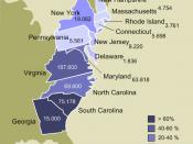 English: Map of the 13 colonies; numbers = numbers of slaves (1770), colors = percentage of enslaved population