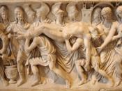 Scene from Book XXIV of the Iliad: Hector's corpse brought back to Troy (detail). Roman artwork (ca. 180–200 CE), relief from a sarcophagus, marble.