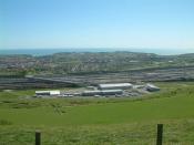 The English-side Channel Tunnel terminal at Cheriton near Folkestone in Kent, from the Pilgrims' Way on the escarpment on the southern edge of Cheriton Hill, part of the North Downs.