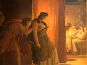 Clytemnestra hesitates before killing the sleeping Agamemnon. On the left, Aegisthus urges her on.