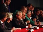 Slobodan Milošević, Alija Izetbegović and Franjo Tuđman signing the Dayton Agreement in Paris on December 14, 1995.