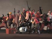 From left to right: Pyro, Engineer, Spy, Heavy, Sniper, Scout, Soldier, Demoman, Medic