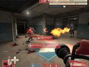 Team Fortress 2 in play: a group of RED players attack a BLU base on the capture point map 
