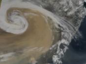 Particles from airborne pollution, such as the “Giant Brown Cloud,” can travel all around the globe. In April of 2001, NASA satellites saw a massive dust storm appear over China. The densest portion of the aerosol pollution traveled east over Japan, the P