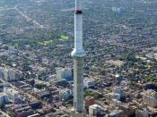 Toronto: Aerial view of main pod and antenna of the CN Tower from helicopter