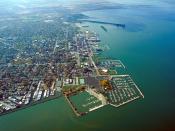 English: Aerial view of Sandusky, Ohio, USA. The view is to the west-southwest along the waterfront on Sandusky Bay, a large inlet and bay off of Lake Erie.