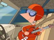 The creators wanted Phineas to do his activities for fun and be confident. Here, he is playing the guitar while racing in the episode 