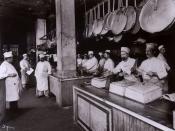 Workers in the kitchen at Delmonico's Restaurant, New York City.