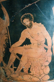 Odysseus consulting the shade of Tiresias. Side A from a Lucanian red-figured calyx-krater, 4th century BC.