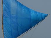 The broad, blue sail of a traditional wood sailboat on Pulicat Lake in Tamil Nadu. Original caption: The sail did worrying look like stiched together blue tarps, which, being India, is entirely possible.