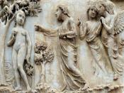English: Genesis : God the Father forbids Eve to pick the fruit from the tree of good and evil; marble bas-relief on the left pier of the façade of the cathedral; Orvieto, Italy