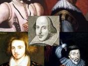 English: Collage of the 4 alternative candidates for the authorship of Shakespeare's works, surrounding the Folio engraving of William Shakespeare. Clockwise from top left: Edward de Vere, 17th Earl of Oxford, Francis Bacon, William Stanley, Earl of Derby