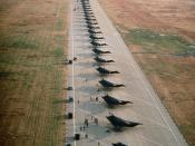 English: F-117A Stealth fighter aircraft from the 37th Tactical Fighter Wing, Tonopah Test Range, Nev., line the runway after arriving for an overnight stay while deploying to Saudi Arabia during Operation Desert Shield. Location: LANGLEY AIR FORCE BASE, 