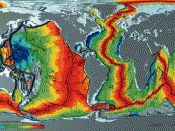 Age of oceanic crust. The red is most recent, and blue is the oldest.