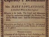 Front Page of Mary Rowlandsons A True History of the Captivity and Restoration of Mrs. Mary Rowlandson, a Minister's Wife in New-England, First edition London 1682. From the Special Collections of the University of Pennsylvania Library.