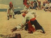 Who Shall be Captain: illustration of pirates fighting to be the captain. The oil painting, which the illustration was of, was sold in 1911 under the title Which Shall be Captain, and is currently part of the Delaware Art Museum's collection.http://www.pi
