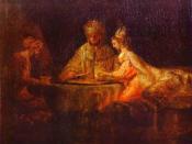Ahasuerus and Haman at the feast of Esther, by Rembrandt (1660). Pushkin Museum, Moscow