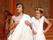 Ewen Leslie as Cassius and Andrew Hansen as Mark Antony performing in the play Dead Caesar.