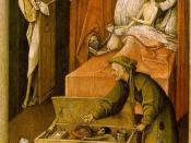 Mors (Death) coming for a miser in a painting by Bosch