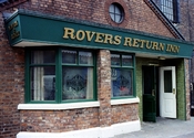 A replica of the The Rovers Return pub, from the British soap opera Coronation Street. This pub, open to the public, was located on the Granada Studios Tour Manchester, England, in the same complex as the set used on the show.