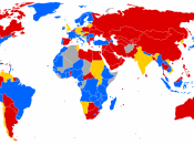 World map of travel and residence restrictions against people living with HIV/AIDS. blue: no specific entry and regulation targetting people with HIV/AIDS. orange: information is contradictory, restrictions are possible. red: entry and residency restricti