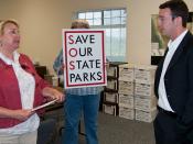 Hans Poschman (right), Field Representative for Assemblyman Sam Blakeslee of the California Legislature 33rd District, meets with Save our State Parks (SOSP) advocates Mary Golden (left) Executive Director, Central Coast Natural History Association