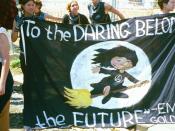 English: Young anarchist feminists at anti-globalization rally and protest quote Emma Goldman.