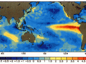 Chart of abnormal ocean surface temperatures [ºC] observed in December 1997 during the last strong El Niño.