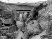 British trench near the Albert–Bapaume road at Ovillers-la-Boisselle, July 1916 during the Battle of the Somme.