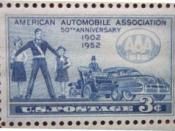 English: The stamp issued on March 4, 1952, in Chicago, Illinois, commemorated the 50th anniversary of the American Automobile Association (AAA) and promoted the AAA's Safety and Accident Prevention Program, showing a school safety patrol member in additi