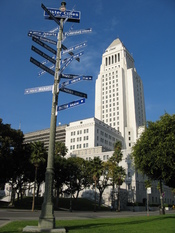 A sign near City Hall points to the sister cities of Los Angeles