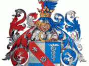Coat of arms of Ludwig von Mises' great-grandfather, Mayer Rachmiel Mises, awarded upon his 1881 ennoblement by Franz Joseph I of Austria