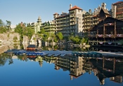 View of the boat dock against guest rooms at Mohonk Mountain House