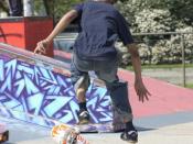 A skateboarder uses his feet to flip a board mid-flight; a fingerboarder would use fingers.