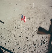 The flag of the United States seen from inside the Lunar Module
