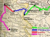 Map showing the route by which the weapons intended to assassinate Archduke Franz Ferdinand travelled to Sarajevo, May-June 1914.