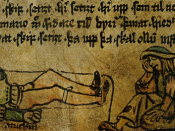 Illumination from AM 147 4to of two intoxicated 15th century Icelanders