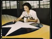 Painting the American insignia on airplane wings is a job that Mrs. Irma Lee McElroy, a former office worker, does with precision and patriotic zeal. Mrs. McElroy is a civil service employee at the Naval Air Base, Corpus Christi, Texas. Her husband is a f