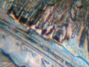 English: Copper sulphate crystals under at 100x magnification