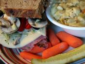 English: Chicken noodle soup and pastrami sandwich served at Amazing Grace Bakery & Cafe in Duluth, Minnesota