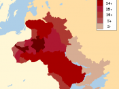 English: Map showing the percentage of Jews in the and , c. 1905.