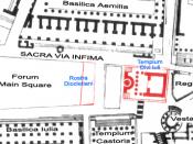 English: Plan of Roman Forum with the Temple of Divus Iulius and the Rostra Diocletiani in Red.