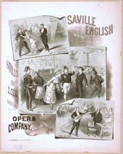 An early poster showing scenes from the first three Gilbert and Sullivan operas after Thespis