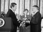Sinatra is awarded the Presidential Medal of Freedom by President Ronald Reagan.