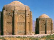 English: Kharaghan twin towers, Qazvin province, 1067 AD, Iran. Here are the tombs of two Seljukian princes. A devastating earthquake in 2002 severely damaged both towers. Photo by user Zereshk.