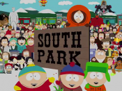 South Park title image with the four main characters (Eric Cartman, Stan Marsh, Kyle Broflovski, and Kenny McCormick) in the foreground and most of the recurring, supporting characters in the background