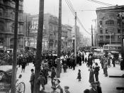 Anti-conscription parade at Victoria Square, Montreal, Quebec, Canada. Opposition to conscription in Canada was widespread (including farmers, employers, recent immigrants), but open opposition was left to French-speakers, primarily in Quebec.