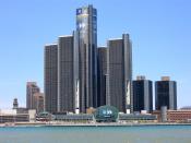 Picture of GM's headquarters in Detroit. Taken from Windsor on the Canadian side of Detroit River.
