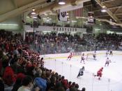 a game between Cornell and Harvard @ Bright Hockey Center, November 11, 2005. Cornell won, 4-3. The Harvard pep band is visible on the right, above the Harvard goaltender; the Cornell band is on the left in the red and white rugby shirts.