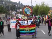 Members of the Confederation of Indigenous Nationalities of Ecuador (CONAIE) march in Quito, Ecuador against the 2002 summit of the Free Trade Area of the Americas (FTAA/ALCA).